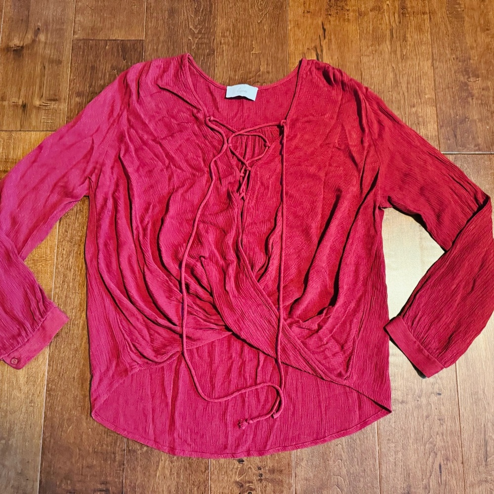 Elegant Crimson Lace-Up Blouse
